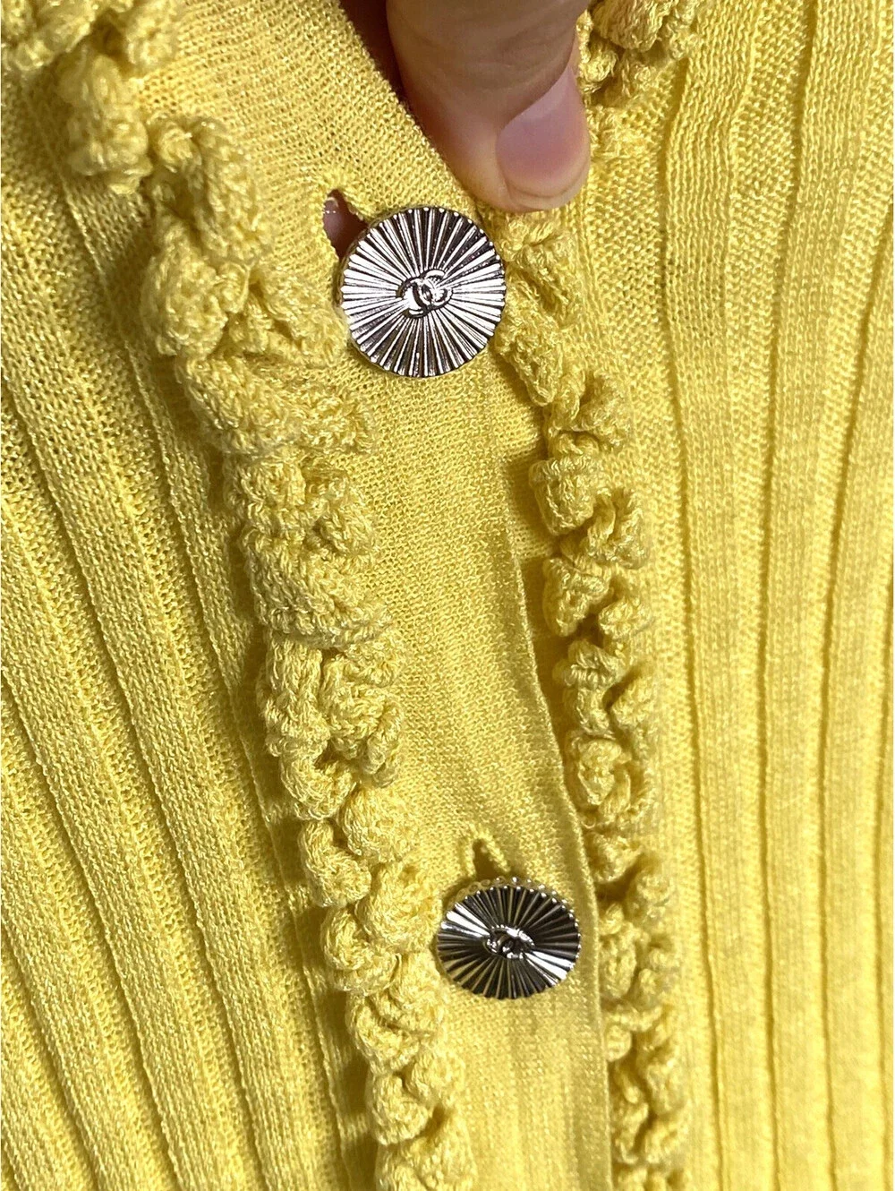 Vintage Chanel 09P Yellow Ribbed Knit Cardigan Sweater Dress FR-34 Button Ruffle